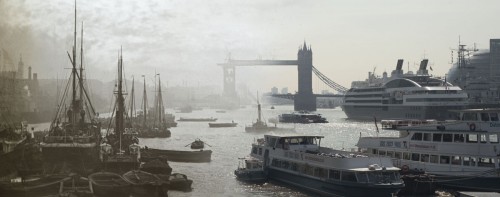 Hybrid Image: Lower pool with Tower Bridge under construction, l