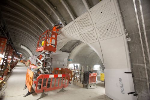 Glass fibre reinforced concrete lining being installed in Farringdon station platform tunnels