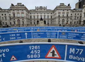A spiral of motorway road signs in Somerset House
