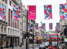 Piccadilly decorated with artistic flags