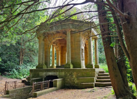 The Samuelson Mausoleum standing alone in quiet woods