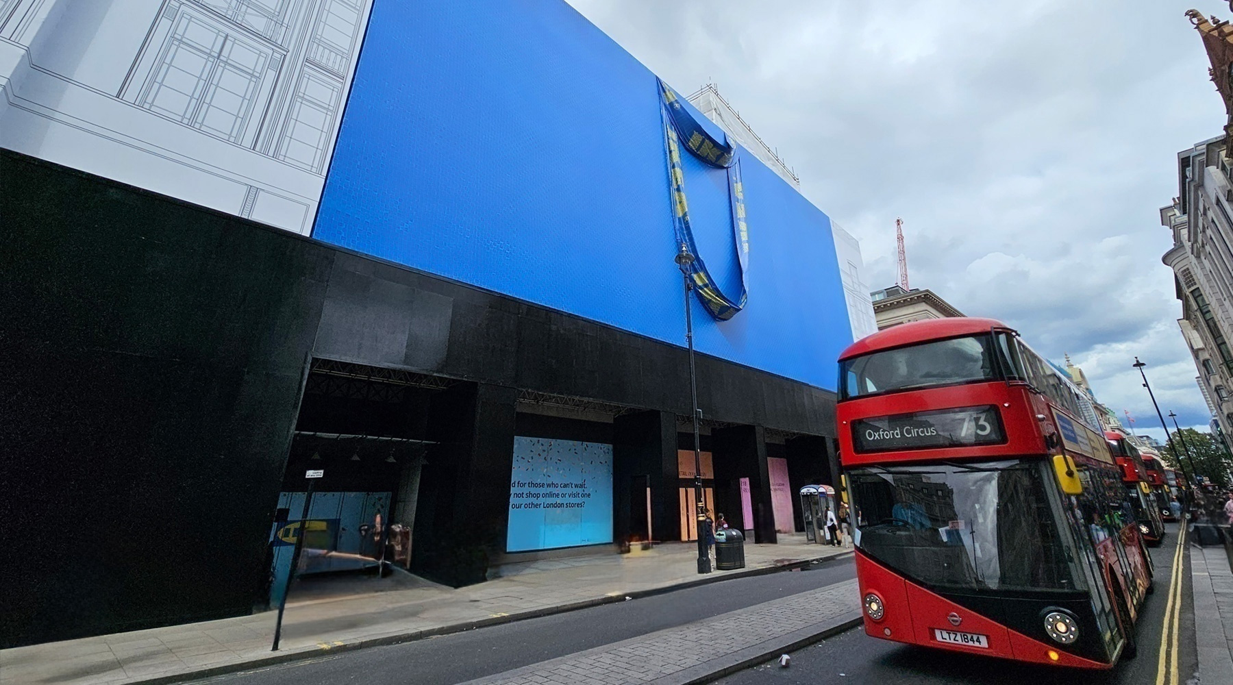 IKEA store on Oxford Street covered in a giant blue bag
